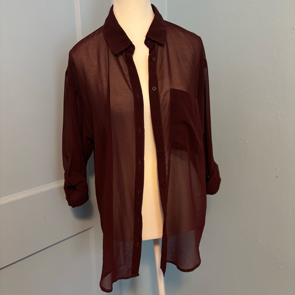 Sheer Burgundy Button-Down Shirt